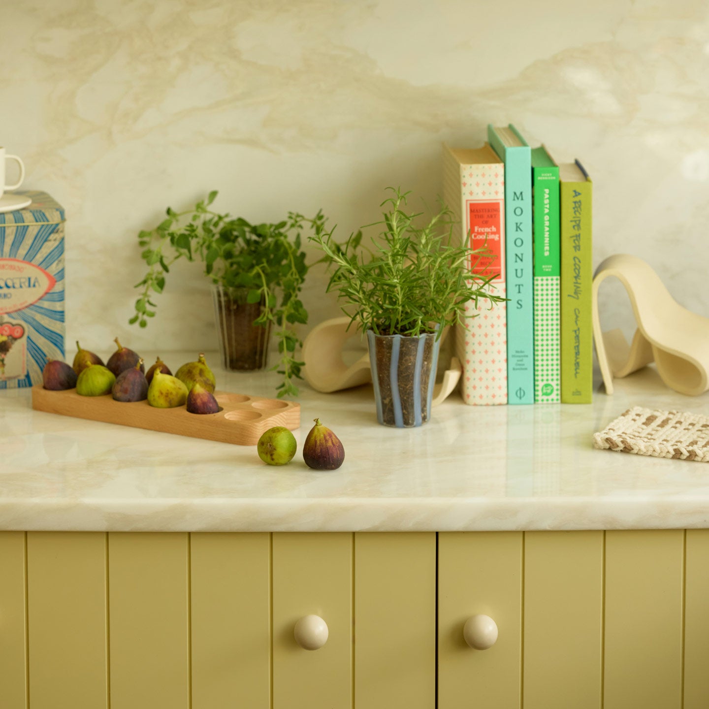 Kitchen counter vignette with figs, plants, and bookends.