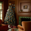 Simple linen tree skirt in room decorated for the holidays