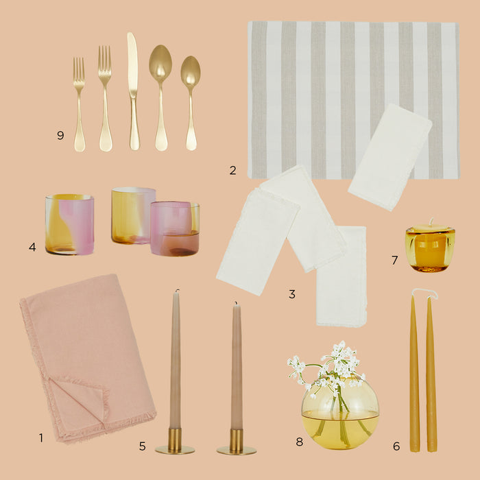 A collection of table setting items including cutlery, glasses, candles, placemats, napkins, and a small flower vase, displayed on a beige background with numbered labels.