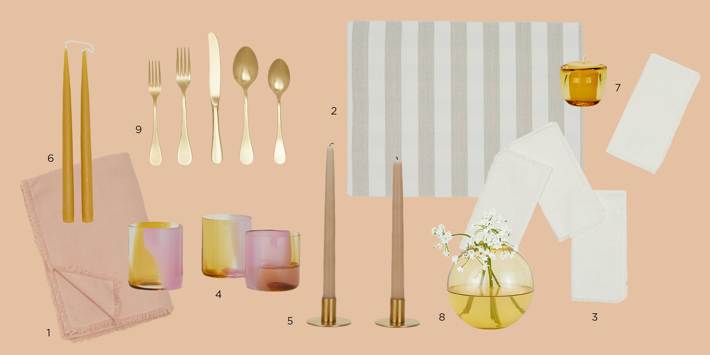 A collection of table setting items including cutlery, glasses, candles, placemats, napkins, and a small flower vase, displayed on a beige background with numbered labels.