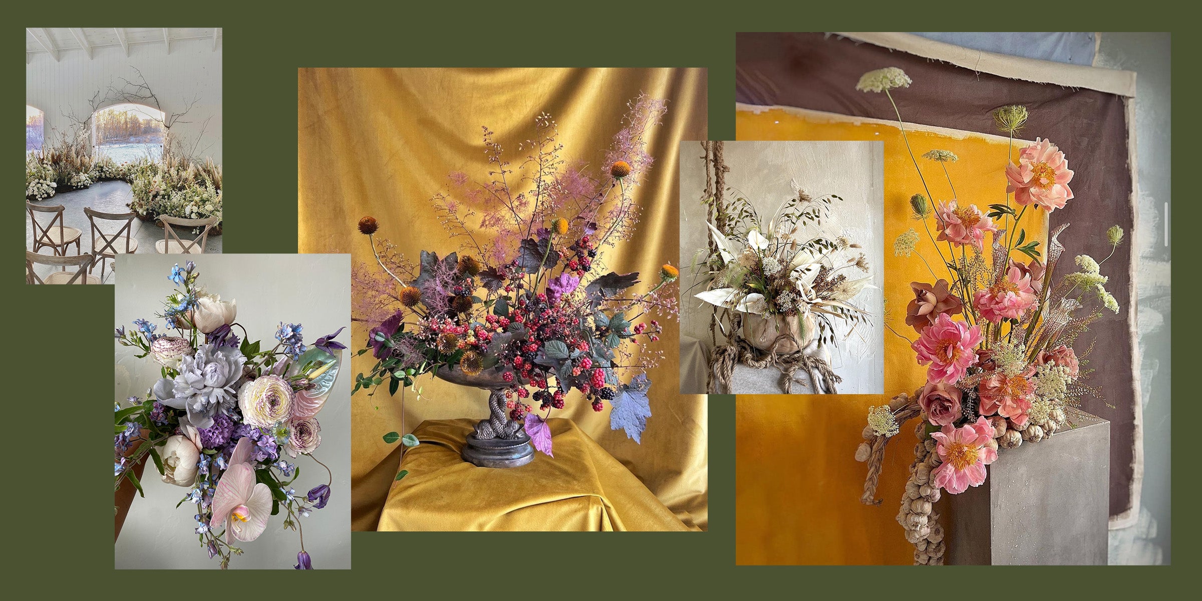 A collage of five floral arrangements featuring various colorful flowers, displayed against different textured backdrops.