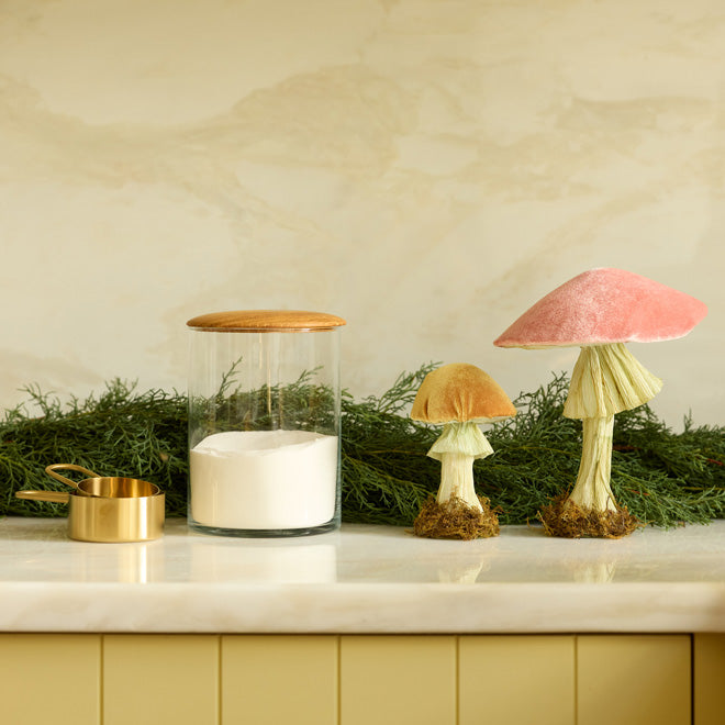 Holiday baking with decorative mushrooms on the counter