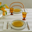Place setting with amber and ivory plates, amber glassware with water, flowers, and teak flatware on ivory napkins.
