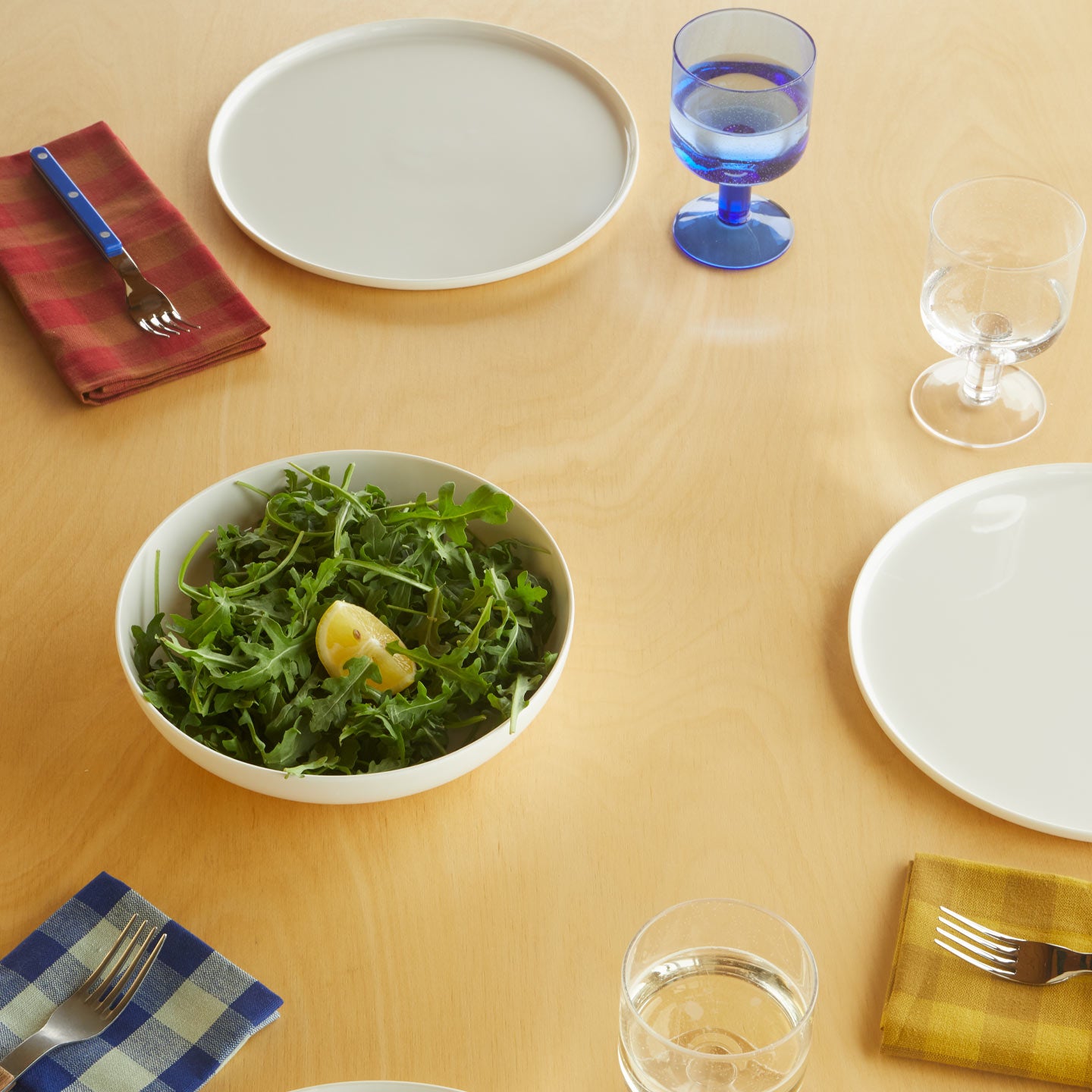 Table setting with Simple Porcelain Plates, salad, Essential Gingham Napkins in Mustard Red, and Blue, forks, and Simple Seeded Glassware in Clear and Blue.