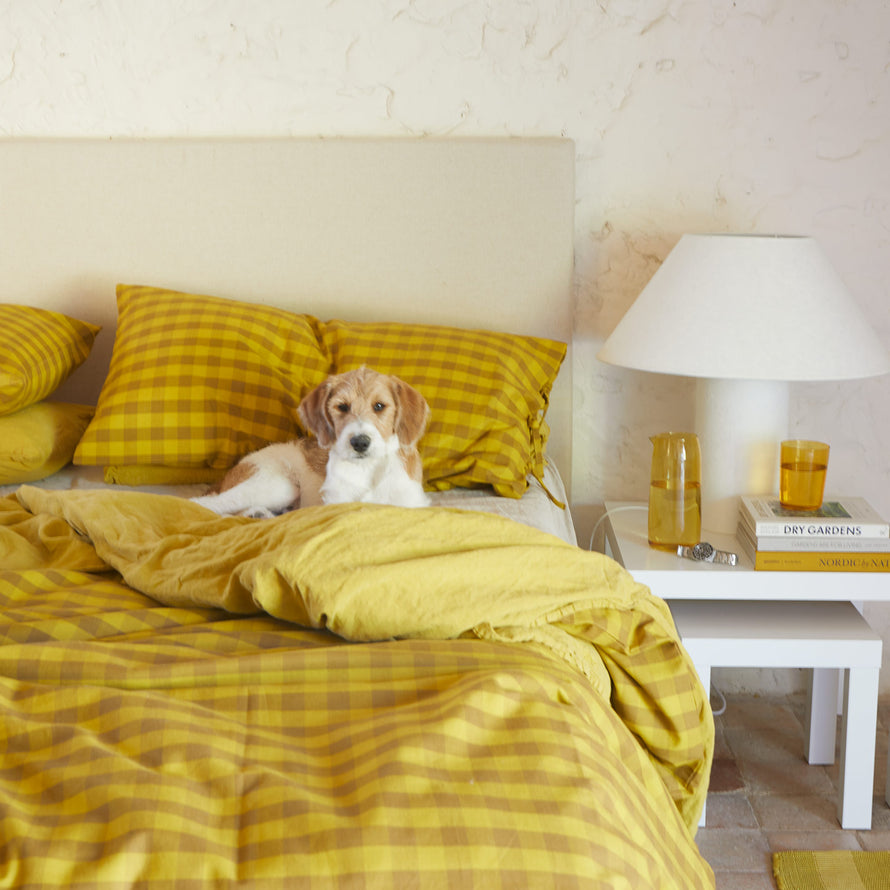 Essential Gingham Bedding in Mustard on bed with dog and nightstand.