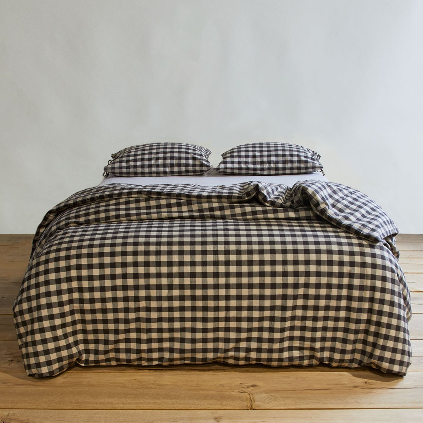 Essential Gingham Duvet - Light Grey/Black on bed with matching pillow cases