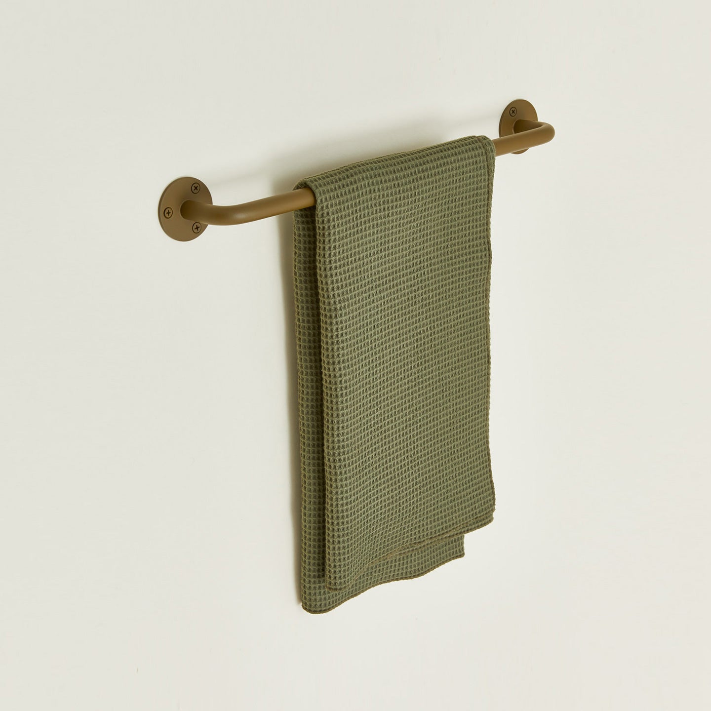 Small towel bar in Olive with waffle dish towel.