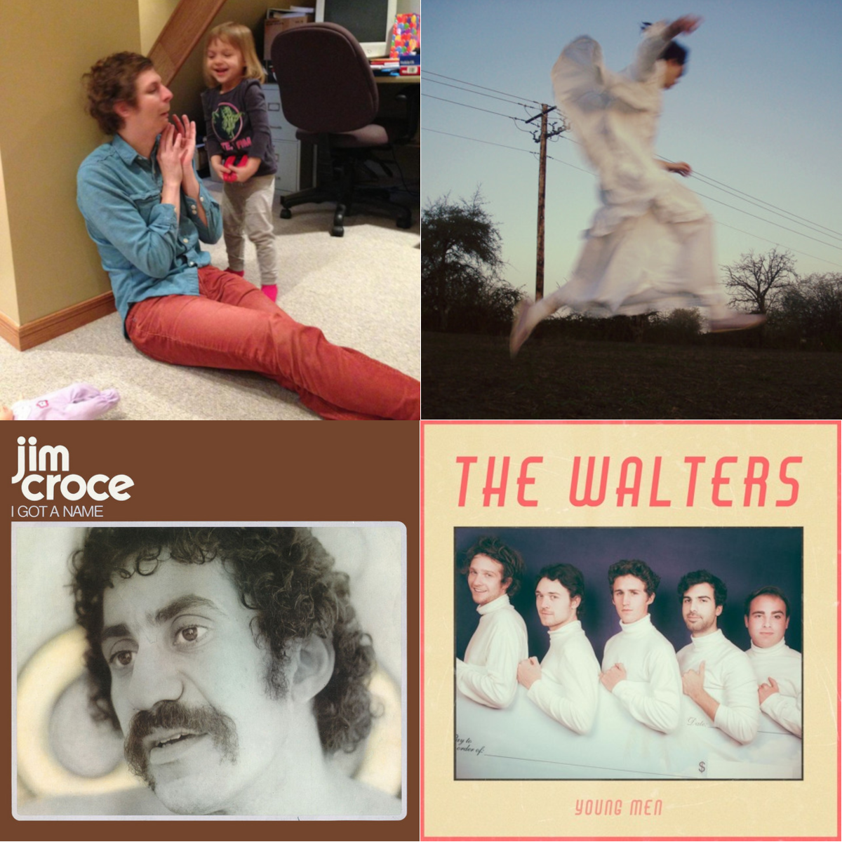 A collage of images: a man sitting on the floor with a child, a person in mid-air jump, album cover of Jim Croce's I Got A Name, and a group portrait on The Walters' album Young Men.