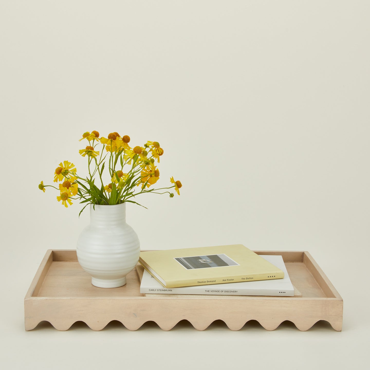 Rectangular Scallop Edge Tray with florals in vase and book
