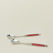 Close up view of Jean Dubost salad servers in red