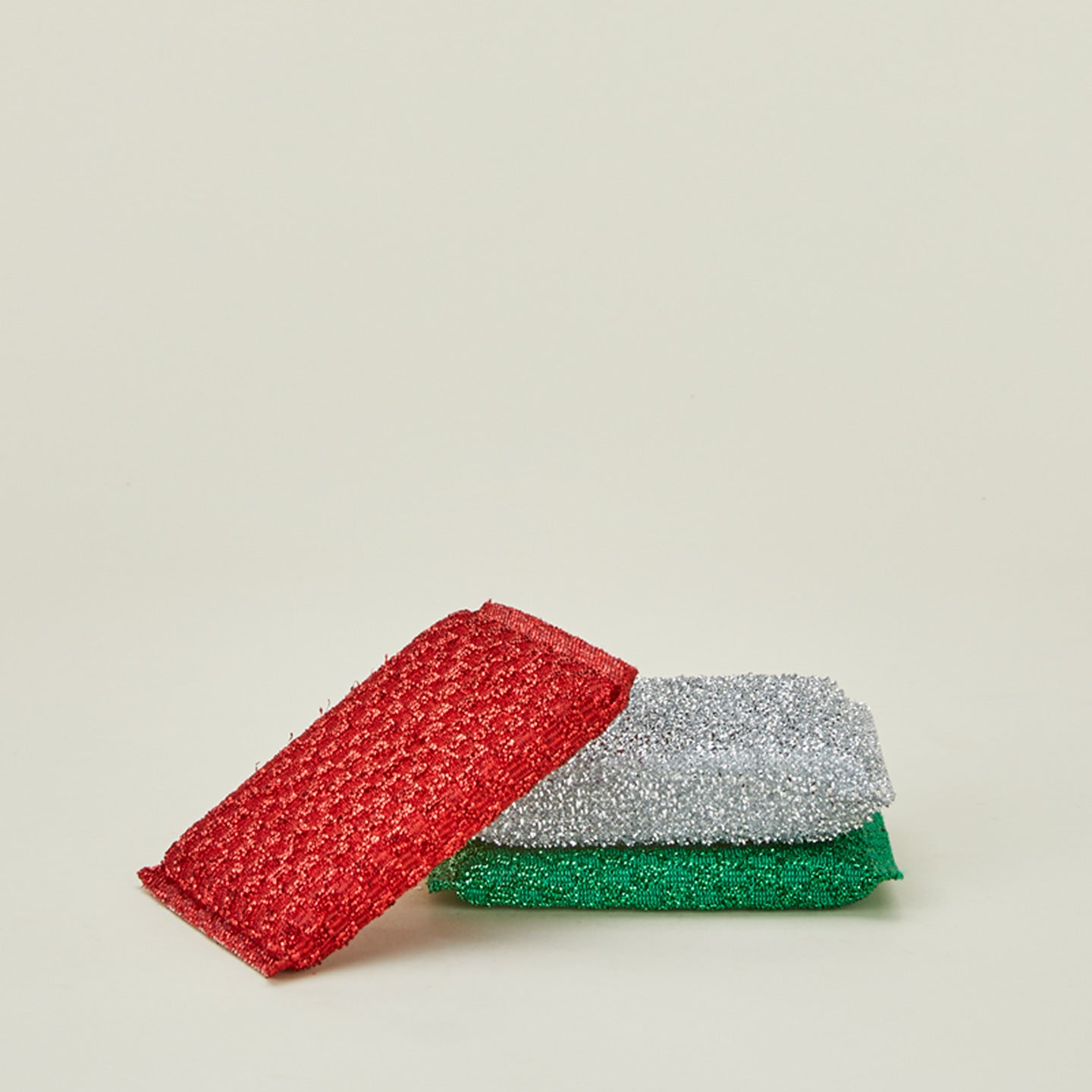 Lurex sponge set in red, silver, and green