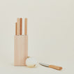 4 Beechwood kitchen knives in knife block one lying flat and onion
