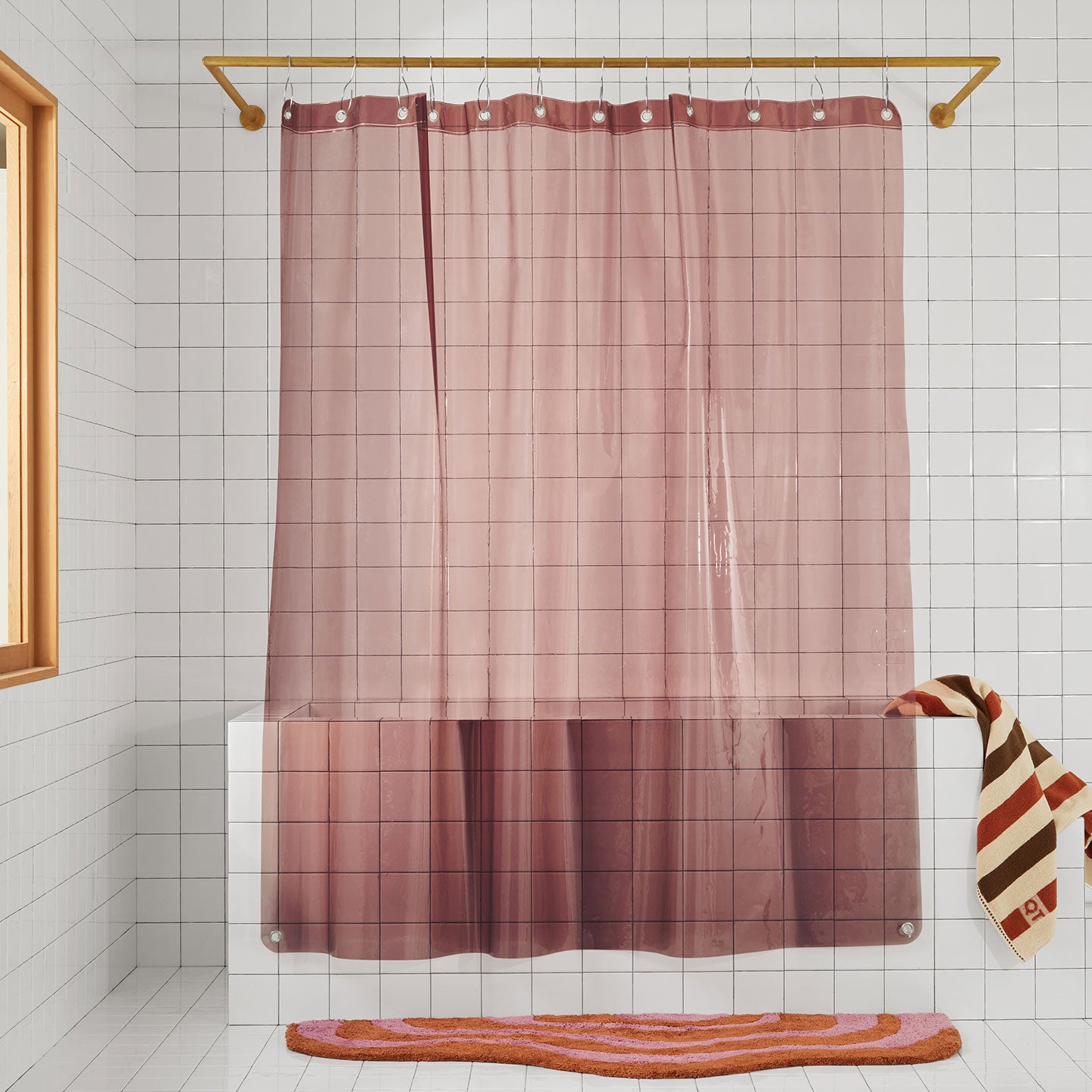 Sunny shower curtain in rose in bathroom