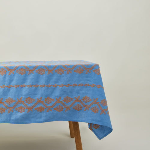 Napa tablecloth in blue on table.