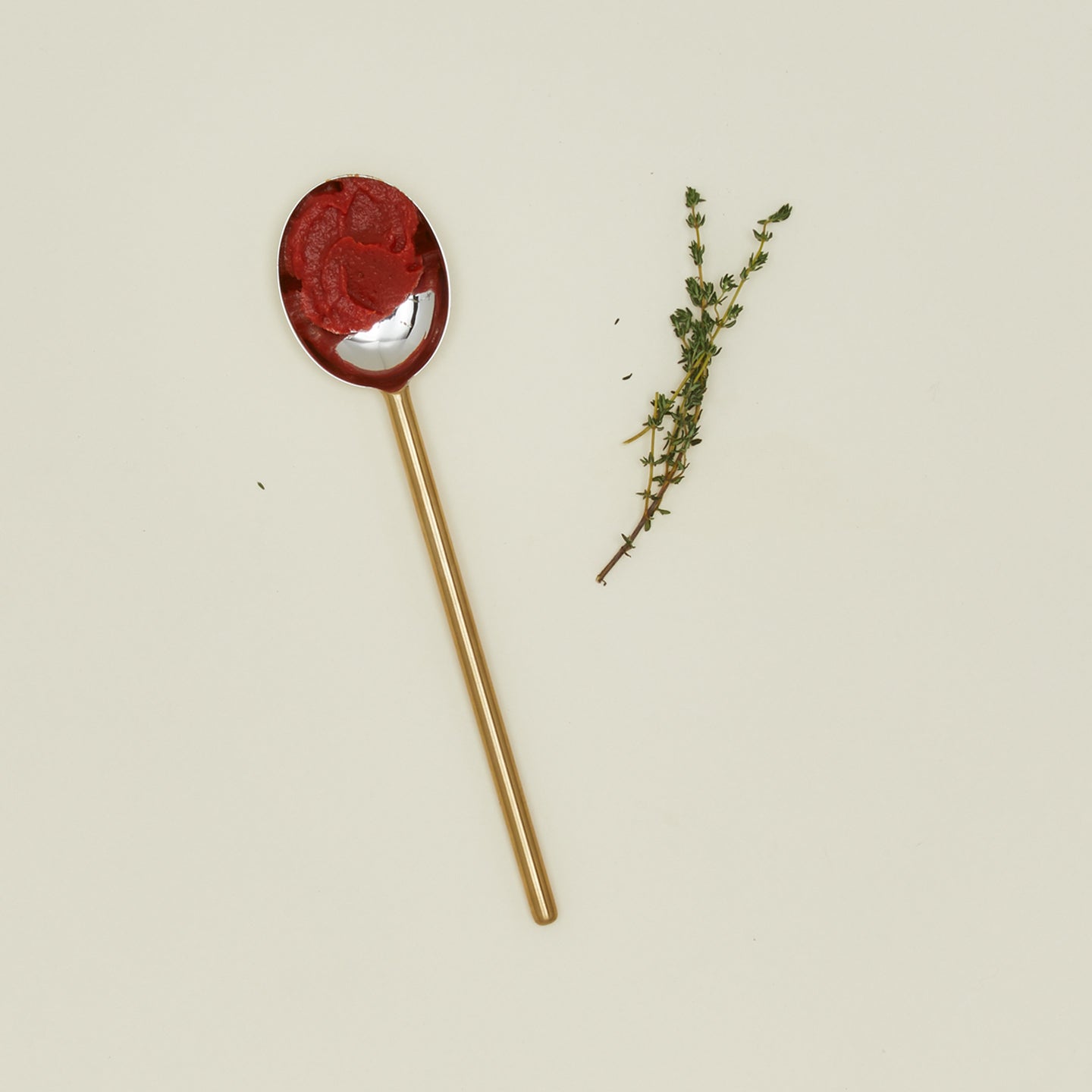 Simple metal spoon in brass with beets and thyme