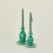 Large and small splatterware candlesticks in sage and green with candles