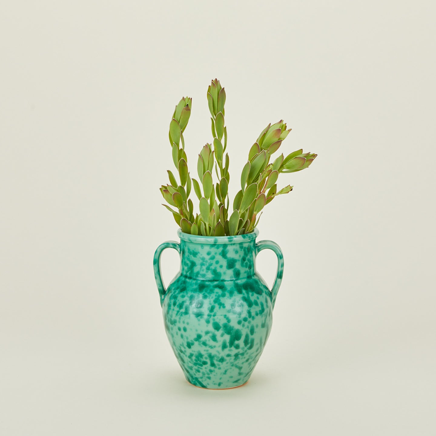 Small splatterware vase in sage and green with florals