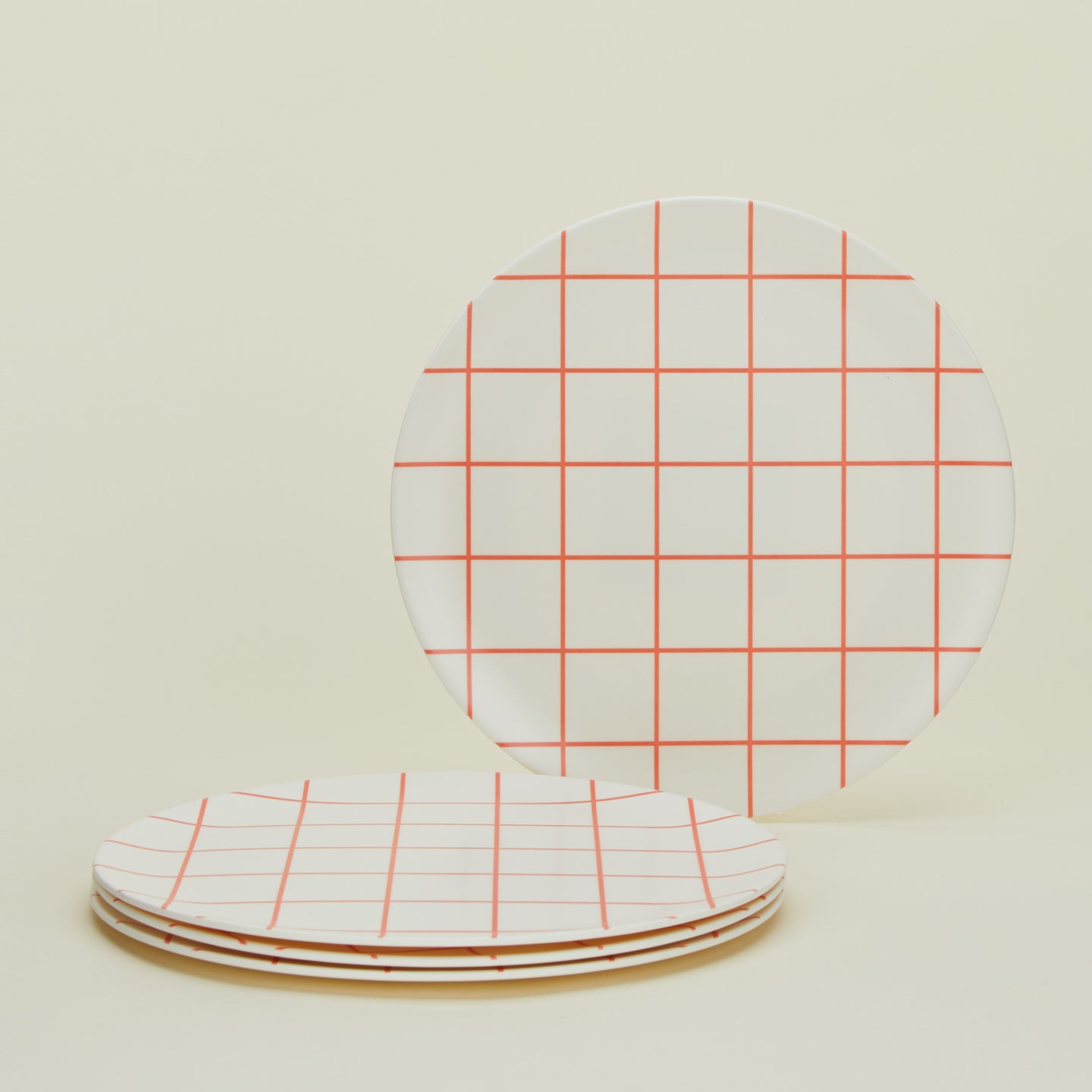 Bamboo Melamine Dinner Plate, Set of 4 - Red Grid