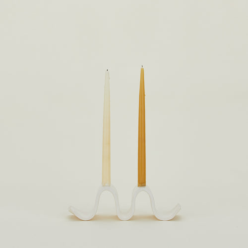 Stoneware Wyn Candelabra with taper candles.